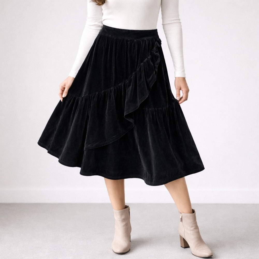 Sweet Salt Black Velvet Tiered Midi Skirt Ruffle Wrap Size S Stretch